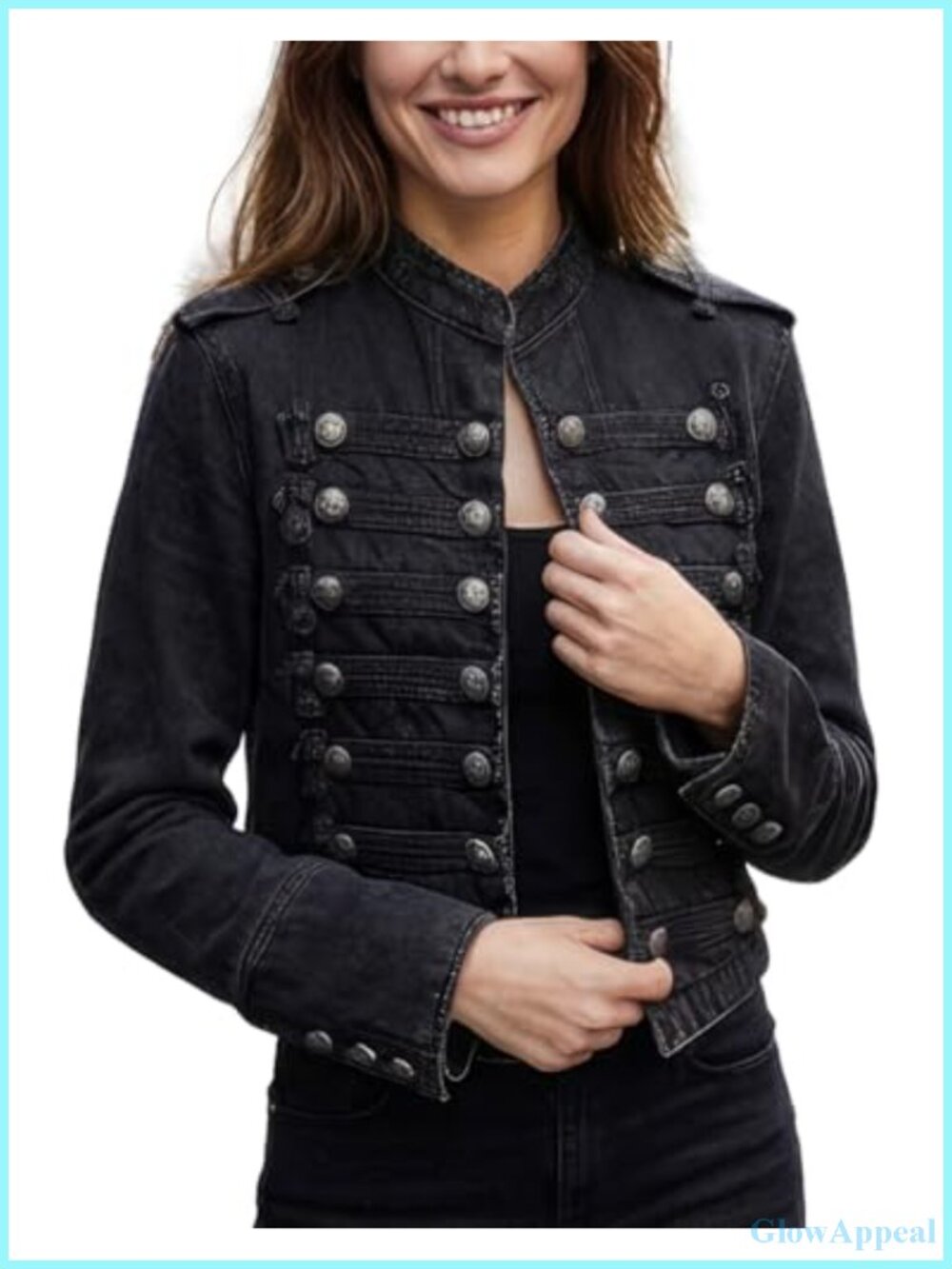 Womens Military Denim Jacket Steampunk Gothic Double Breasted Stand Collar